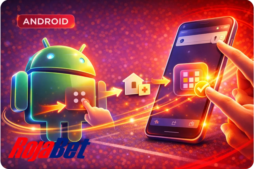 Android con icono grande de Android y guía visual para agregar Rojabet a la pantalla de inicio y acceder con un solo toque.