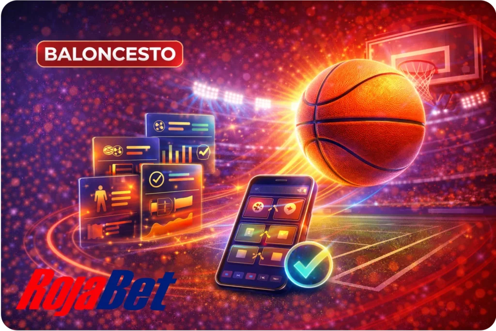 Banner de apuestas de baloncesto en Rojabet Chile con balón, aro y ambiente de juego en vivo con gráficos abstractos de estadísticas.