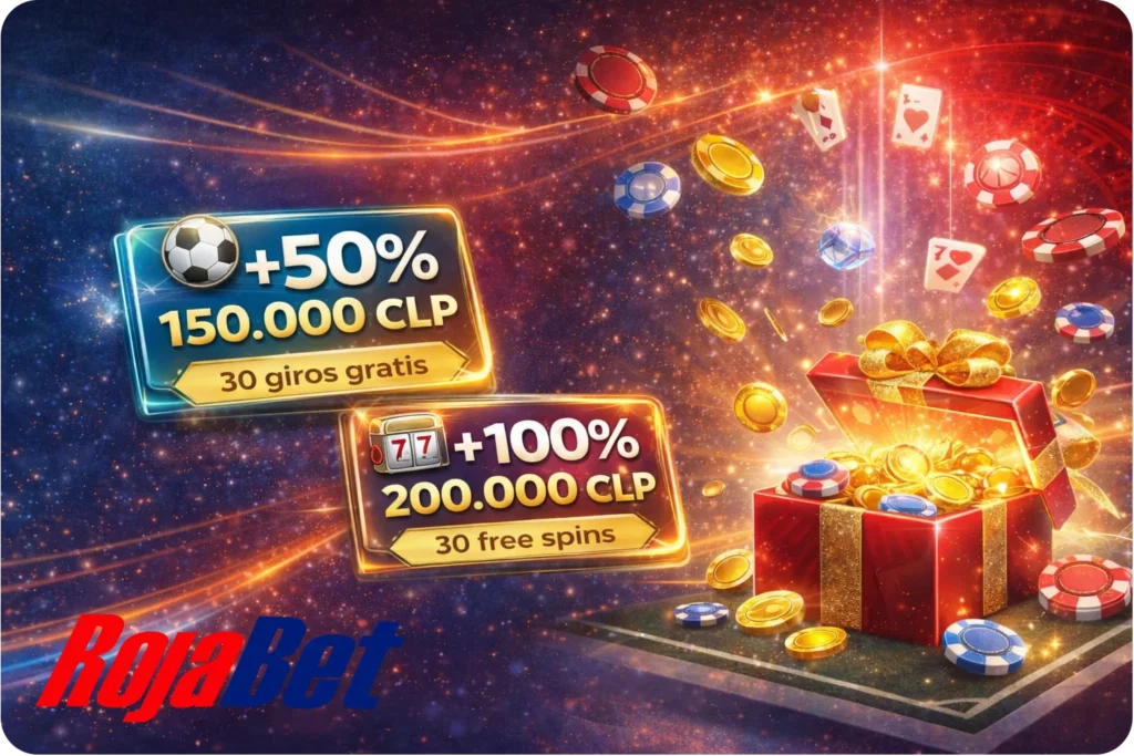 Bonos y promociones atractivas: Bonos de bienvenida en Rojabet Chile con extra para deportes y casino, giros gratis y free spins para aprovechar tu depósito.