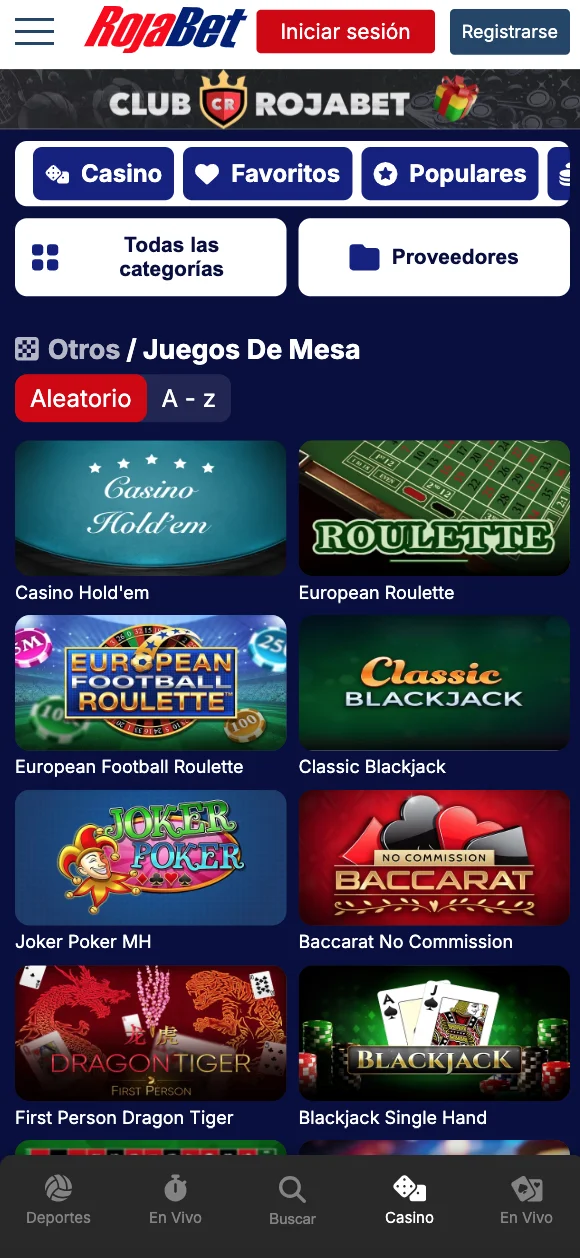 Juegos de mesa en móvil de Rojabet con póker, ruleta europea y blackjack RNG, carga rápida y experiencia optimizada con menor consumo de datos.