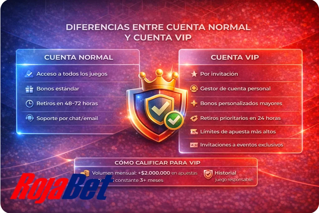 Comparación entre cuenta normal y cuenta VIP en Rojabet Chile con beneficios, tiempos de retiro, soporte y requisitos para calificar como VIP por volumen, actividad y juego responsable.