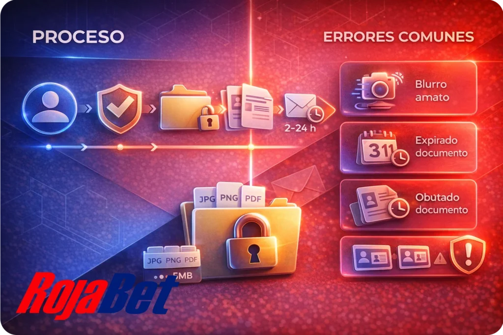 Proceso de verificación en Rojabet Chile con flujo de carga de documentos y panel de errores comunes que retrasan la aprobación, como fotos borrosas, documentos vencidos o datos que no coinciden.