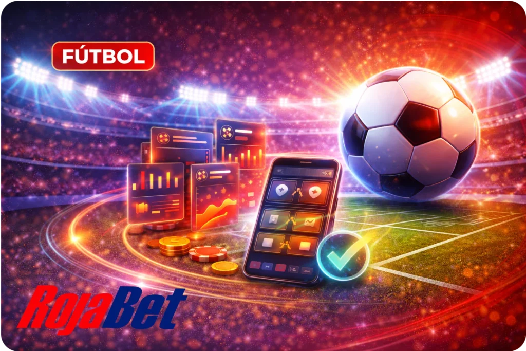 Banner de apuestas de fútbol en Rojabet Chile con balón, luces de estadio y elementos de cuotas en vivo y estadísticas.