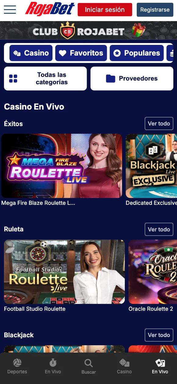 Casino en vivo móvil de Rojabet con ruleta, blackjack y baccarat en transmisión en directo, chat con dealer y vista adaptada a pantallas pequeñas.