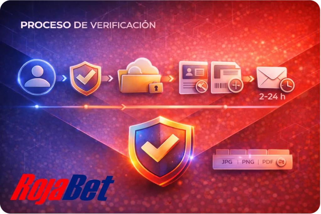 Proceso de verificación en Rojabet Chile: acceder al perfil, subir cédula por ambos lados y comprobante de domicilio, formatos permitidos y confirmación por email en 2 a 24 horas.