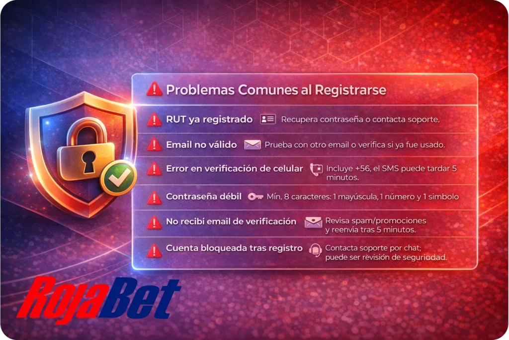Problemas comunes al registrarse en Rojabet Chile con soluciones rápidas: RUT ya registrado, email no válido, verificación de celular con +56, contraseña segura, reenvío de email y cuenta bloqueada con soporte por chat.
