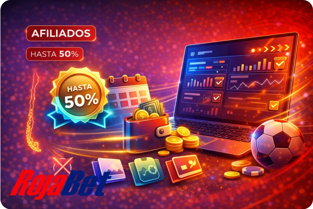 Programa de Afiliados de Rojabet Chile con comisiones competitivas, panel de reportes, materiales promocionales y pagos mensuales rápidos para generar ingresos estables.