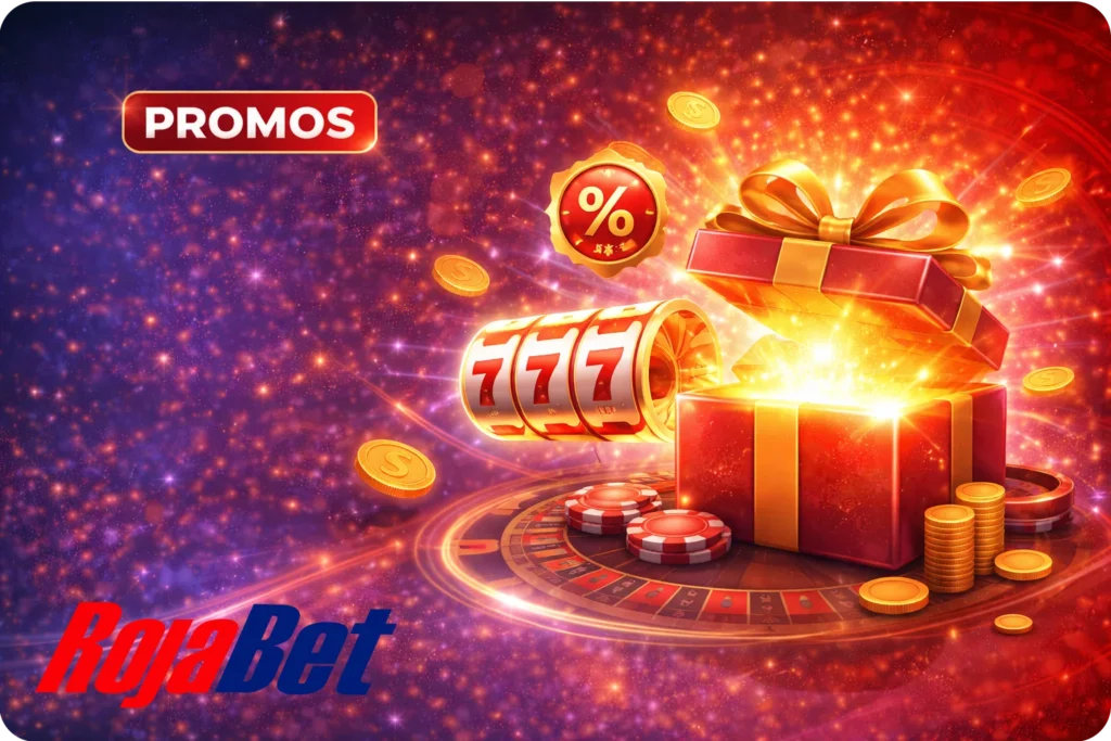 Banner de promociones de Rojabet con bonos, giros gratis y recompensas visuales en un estilo brillante y premium.