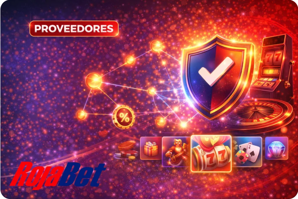 Banner de proveedores de juegos en Rojabet con diseño tecnológico y elementos de casino que reflejan calidad y variedad.
