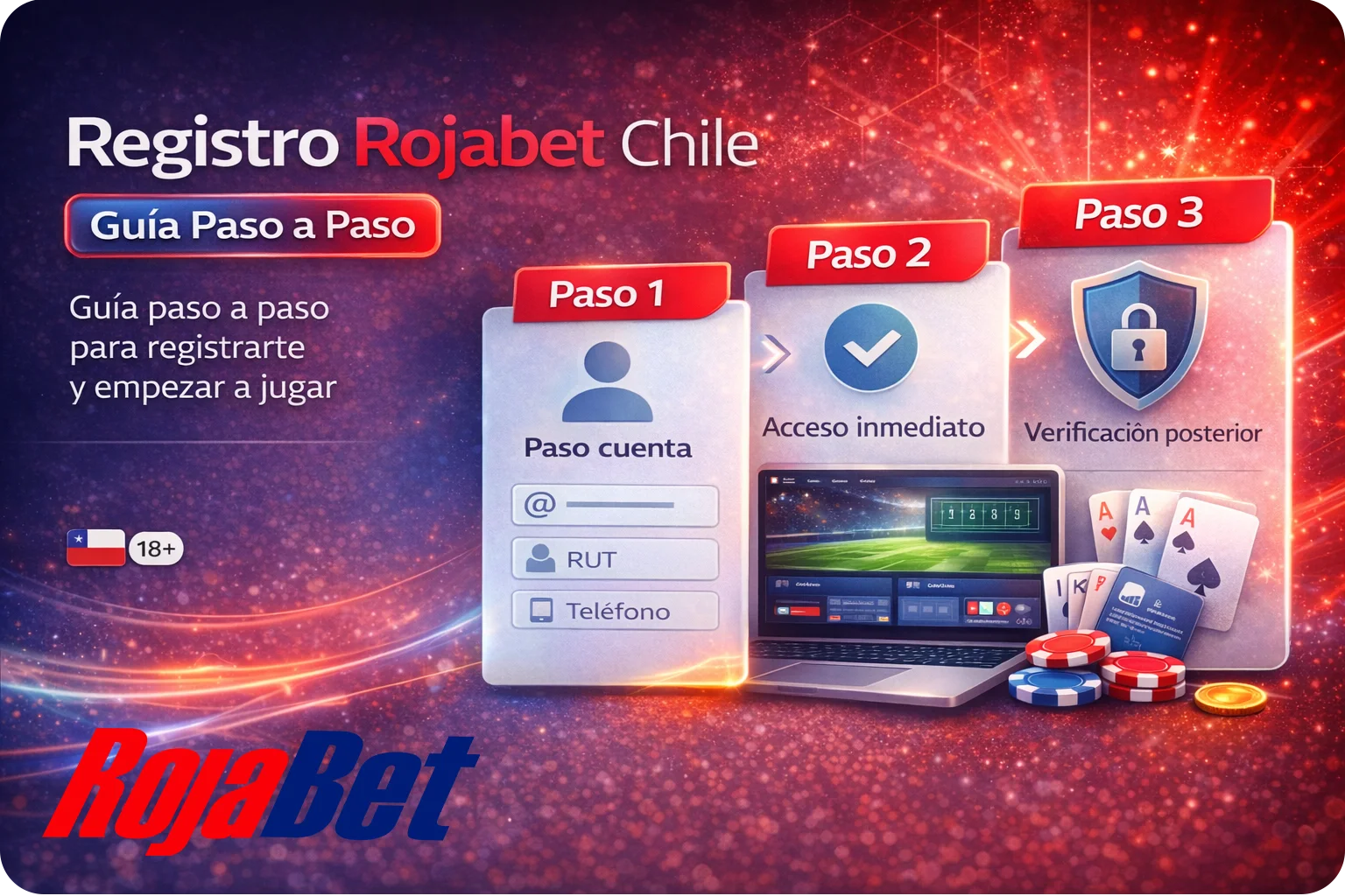 Registro en Rojabet Chile con proceso paso a paso, creación de cuenta rápida con RUT, correo y teléfono, acceso inmediato a la plataforma y verificación posterior para mayores de 18 años.