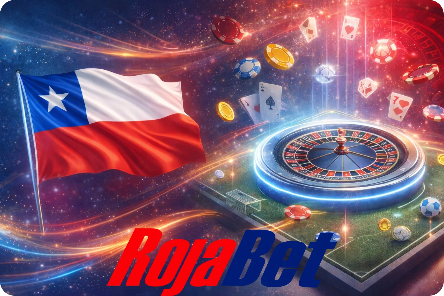 Banner promocional de Rojabet Chile con la bandera de Chile y una ruleta de casino.