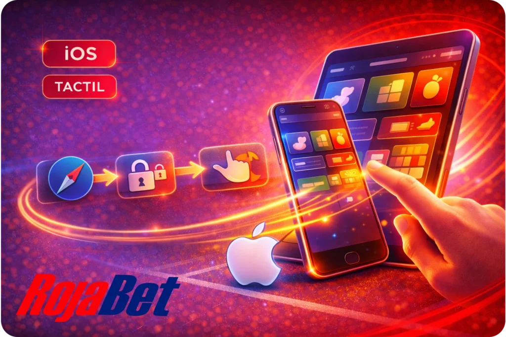 Acceso a Rojabet desde iPhone o iPad abriendo el navegador, entrando a rojabet.com, iniciando sesión y navegando con controles táctiles optimizados.