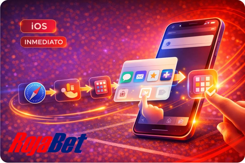 iPhone/iOS con emblema grande de iOS y guía visual para añadir Rojabet a la pantalla de inicio desde el menú compartir y abrir con un toque.