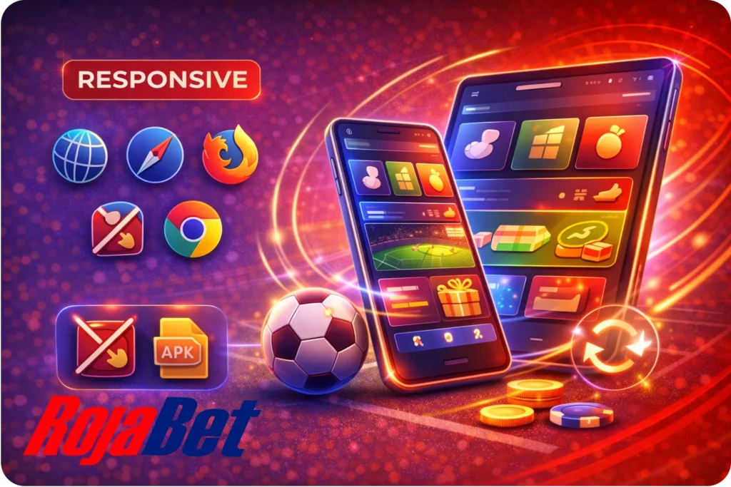 Sitio móvil responsive de Rojabet compatible con navegadores populares, sin APK ni apps de terceros y con actualizaciones automáticas.