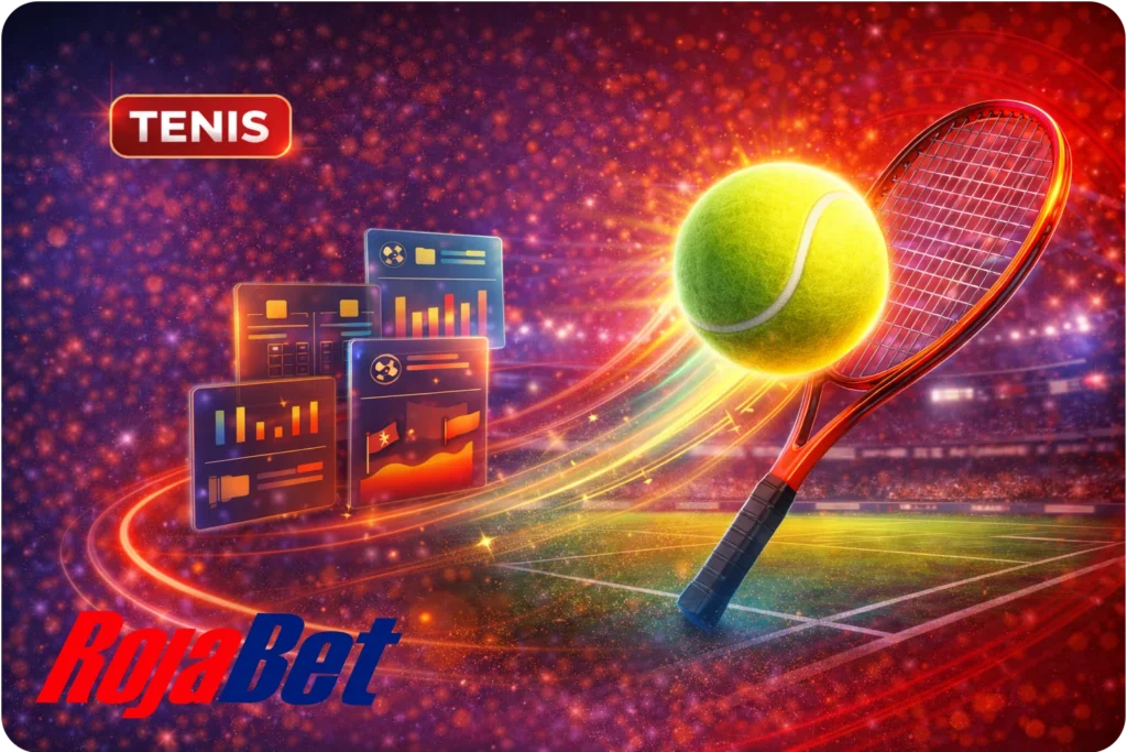 Banner de apuestas de tenis en Rojabet Chile con pelota y raqueta, estilo premium y señales visuales de partidos en vivo y mercados variados.