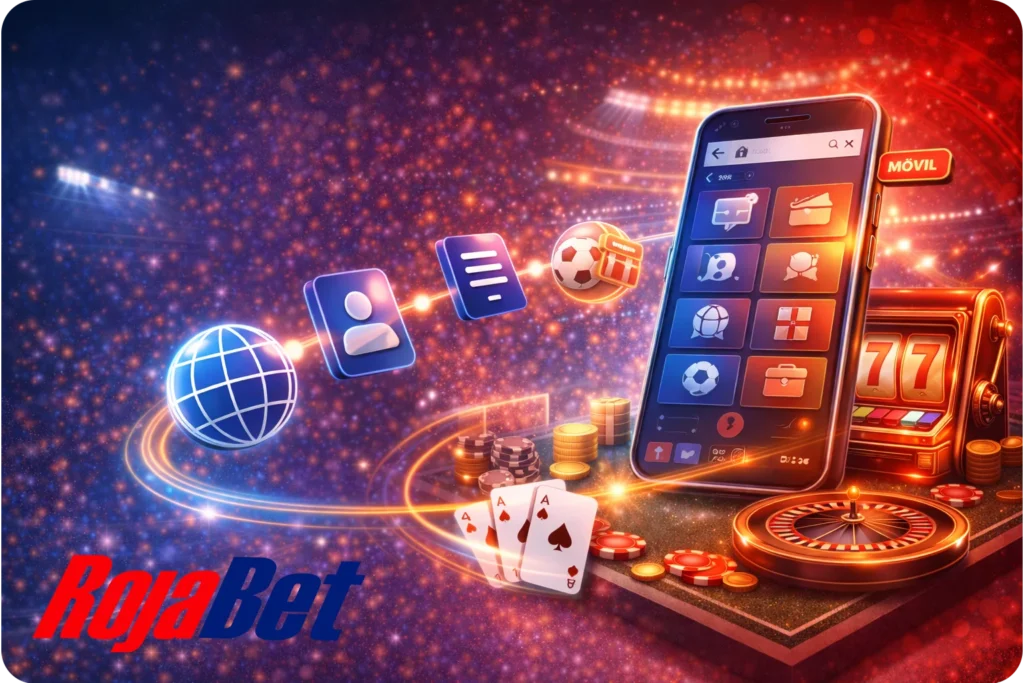 Guía visual de la versión móvil de Rojabet en el navegador: iniciar sesión, navegar por apuestas y casino, apostar o jugar y gestionar la cuenta con una interfaz optimizada para smartphone.